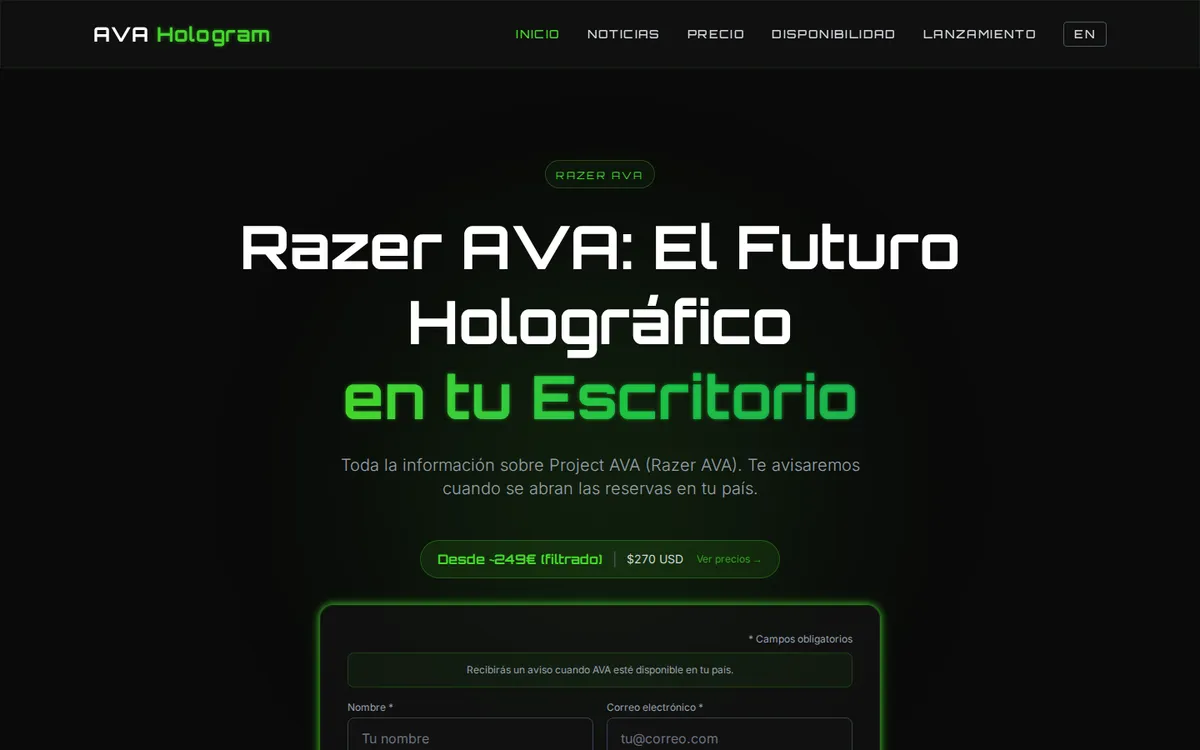 Captura de la web de AVA Hologram