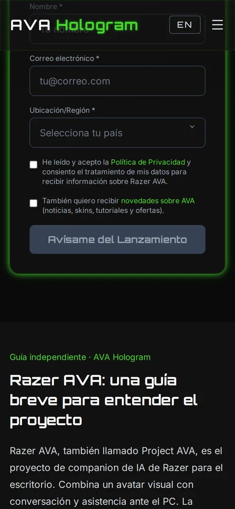 AVA Hologram en móvil: contenido